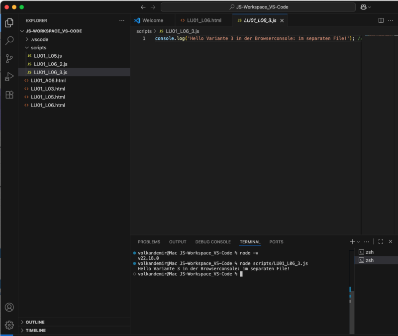 node.js wurde im vs code installiert und getestet