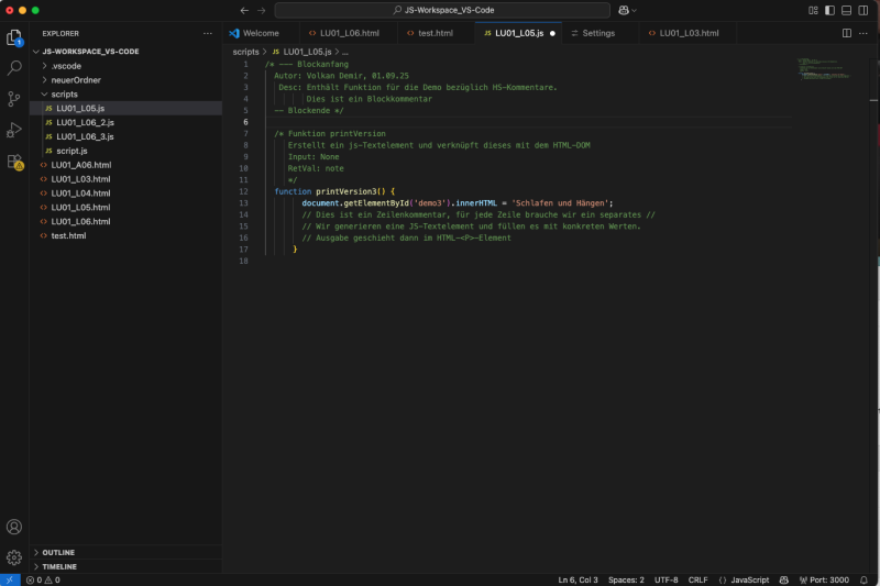 JS-Code mit Kommentaren im Dateikopf und im Quellcode