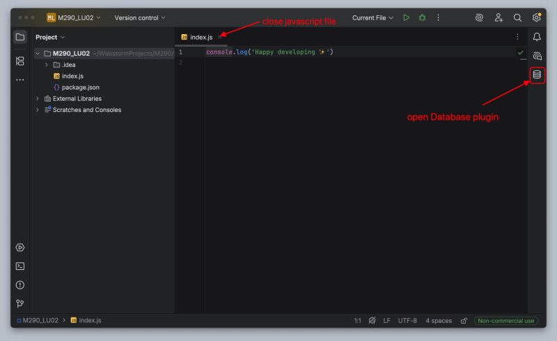 Default JS-File schliessen und Datenbank-Plugin öffnen (Klick auf Icon)