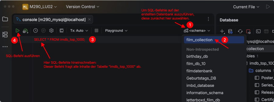 Screenshot: Schema bei Query-Konsole auswählen Screenshot: Schema bei Query-Konsole auswählen