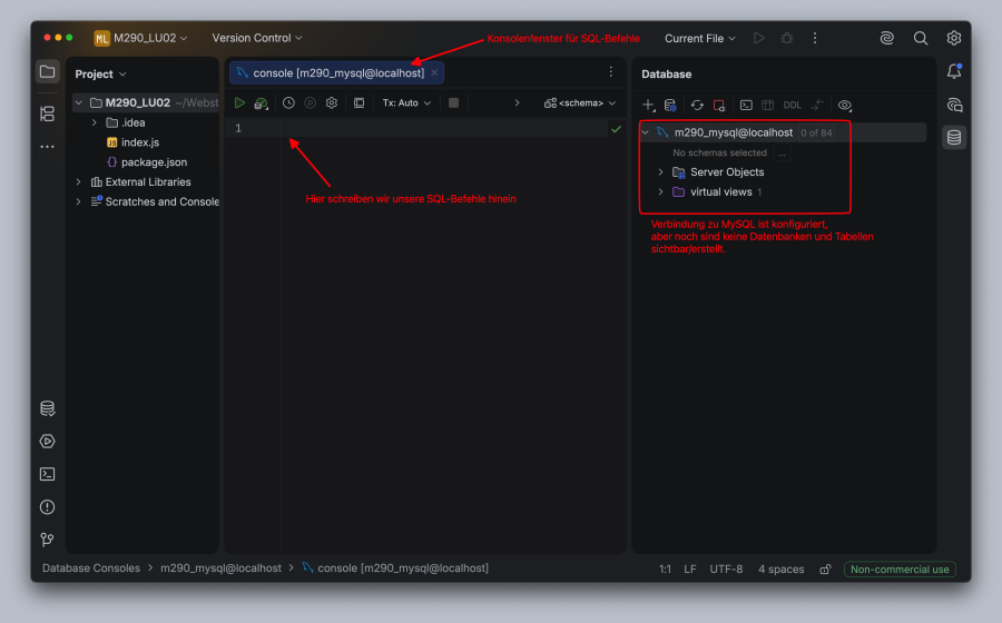 Webstorm-Screenshot nach erfolgreicher Konfiguration der Verbindung zu MySQL Webstorm-Screenshot nach erfolgreicher Konfiguration der Verbindung zu MySQL
