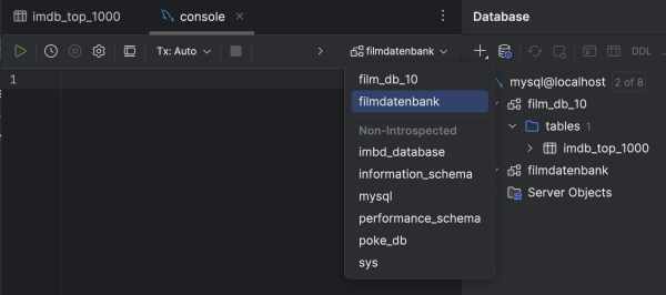 Schema-Auswahl im Konsolenfenster von WebStorm Schema-Auswahl im Konsolenfenster von WebStorm