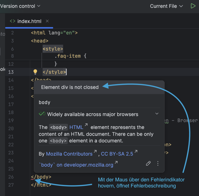  Webstorm Screenshot mit Fehlermeldung. 