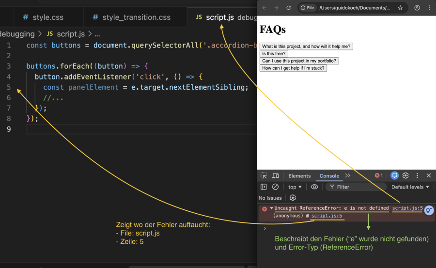  Screenshot mit Fehlermeldung in Entwicklertools