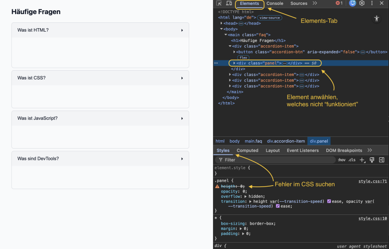  Elements-Tab im Browser