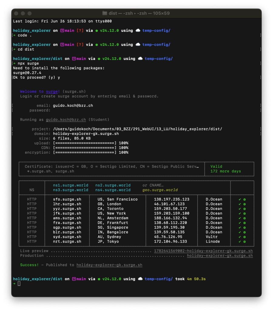 Terminal mit surge-Befehl und erfolgreicher Ausgabe inkl. URL 