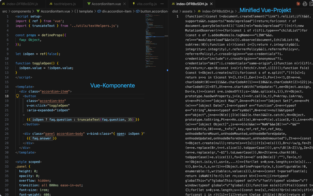  Vergleich: lesbarer Code vs. minifizierter Code 