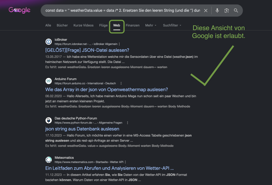 Ansicht von Google mit nur Webergebnissen ohne KI Ansicht von Google mit nur Webergebnissen ohne KI