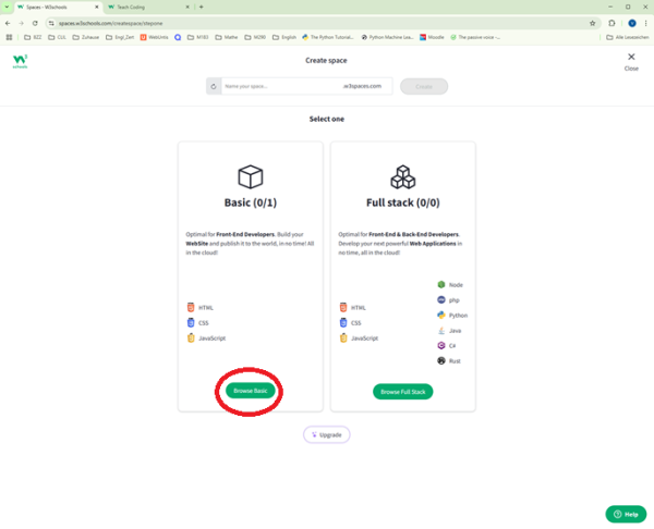  Choose the option **Basic Pack** and a name for your working space