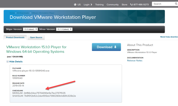Abb-01: Beispiel von Checksums für VmWare Player