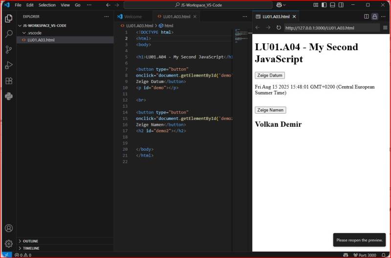 Erweiterung des Code um einen neuen Button mit der Ausgabe des Namens