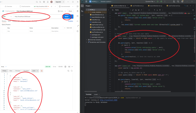  c_R_ud performance in the presentation (POSTMAN) and logic layer (Node Server)}

==== R = READ: Getting one spefific row of data ====
If we want one speficific individual to be displayed, we need to make some changes, such as filtering a user_id, as shown in the following code below.

  app.get('/user/:id', (req, res) => {
      const userId = req.params.id;
      // SQL query to fetch user by id
      const query = 'SELECT * FROM users WHERE user_id = ?';
      db.query(query, [userId], (err, results) => {
          if (err) {
              console.error('Error fetching user:', err);
              res.status(500).send('Server error');
              return;
          }
          if (results.length === 0) {
              res.status(404).send('User not found');
          } else {
              res.status(200).json(results[0]);
          }
      });
  });

{{:modul:m290:learningunits:lu09:theorie:crud_r2.png?800|c_R_ud performance in the presentation (POSTMAN) and logic layer (Node Server)}

==== Deleting on user from the table ====
// DELETE user method
app.delete('/user/:id', (req, res) => {
    const userId = req.params.id;

    const deleteQuery = 'DELETE FROM users WHERE user_id = ?';

    db.query(deleteQuery, [userId], (err, result) => {
        if (err) {
            res.status(500).send('Error deleting user');
        } else if (result.affectedRows === 0) {
            res.status(404).send('User not found');
        } else {
            res.send(`User with ID ${userId} deleted successfully`);
        }
    });
});
==== Vocabulary ====
^English ^ Deutsch ^
| ...| ...|


----
[[https://creativecommons.org/licenses/by-nc-sa/4.0/|{{https://i.creativecommons.org/l/by-nc-sa/4.0/88x31.png