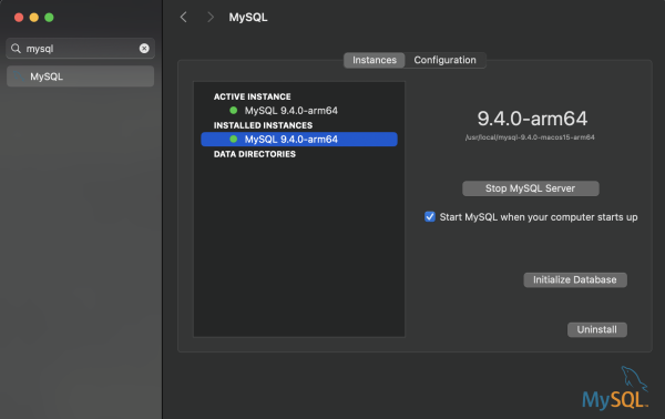 MacOS Systemeinstellungen für MySQL – Dienst ist aktiv
