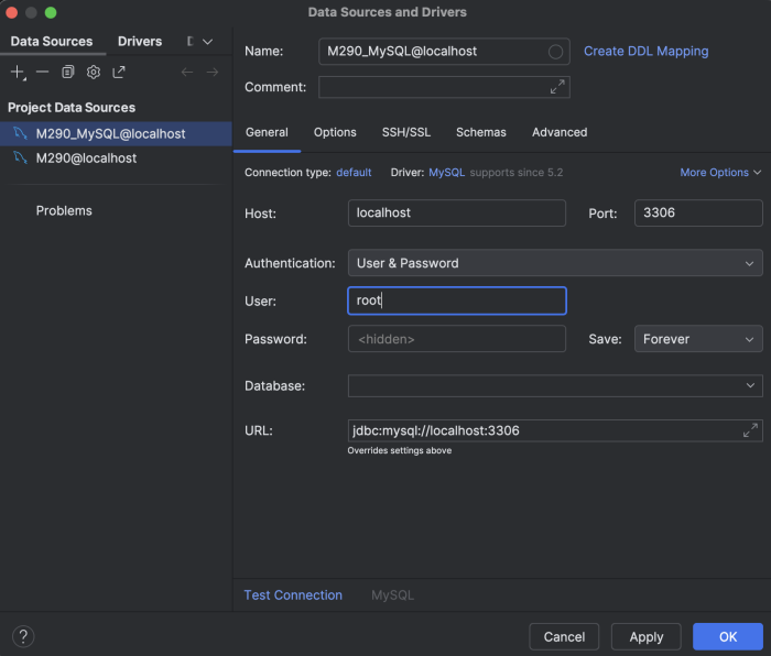 Konfiguration für die Verbindung von Webstorm zu MySQL