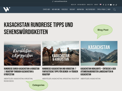  Screenshot eines Blog-Posts des Reiseblogs "We Travel the World". Mehrere Posts mit entsprechenden Kategorien. 