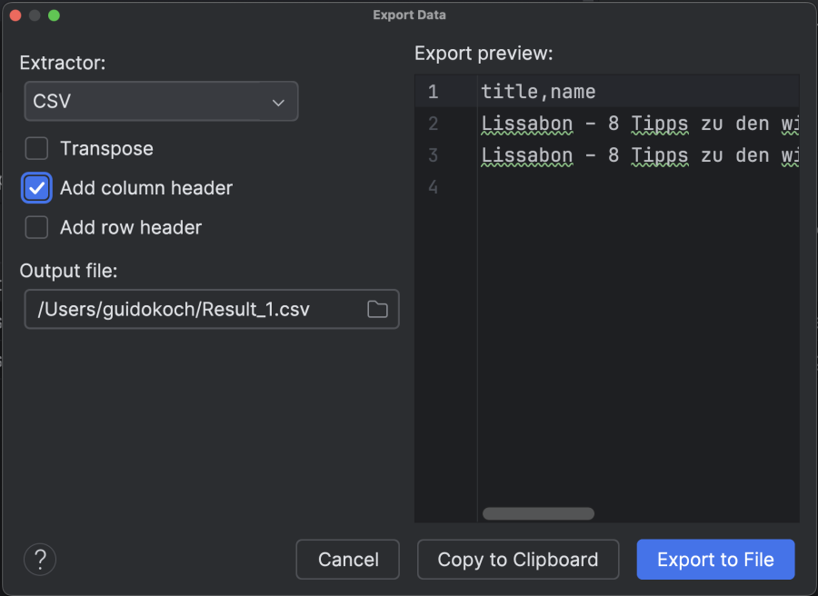  Export Data: SELECT-Resultat – Optionen 